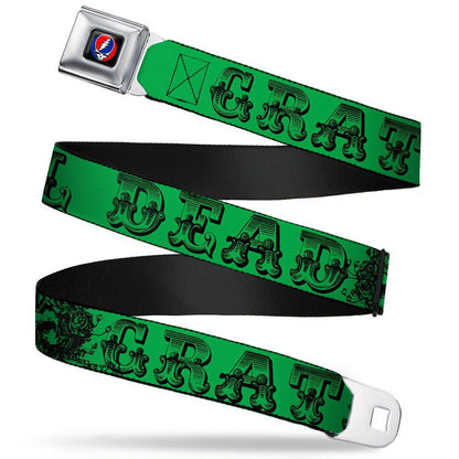 Grateful Dead Text With Skull & Roses Green Seatbelt Buckle Belt