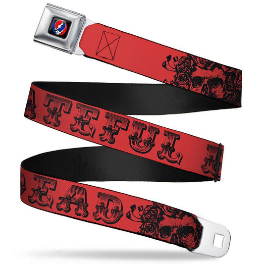 Grateful Dead Text With Skull & Roses Red Seatbelt Buckle Belt