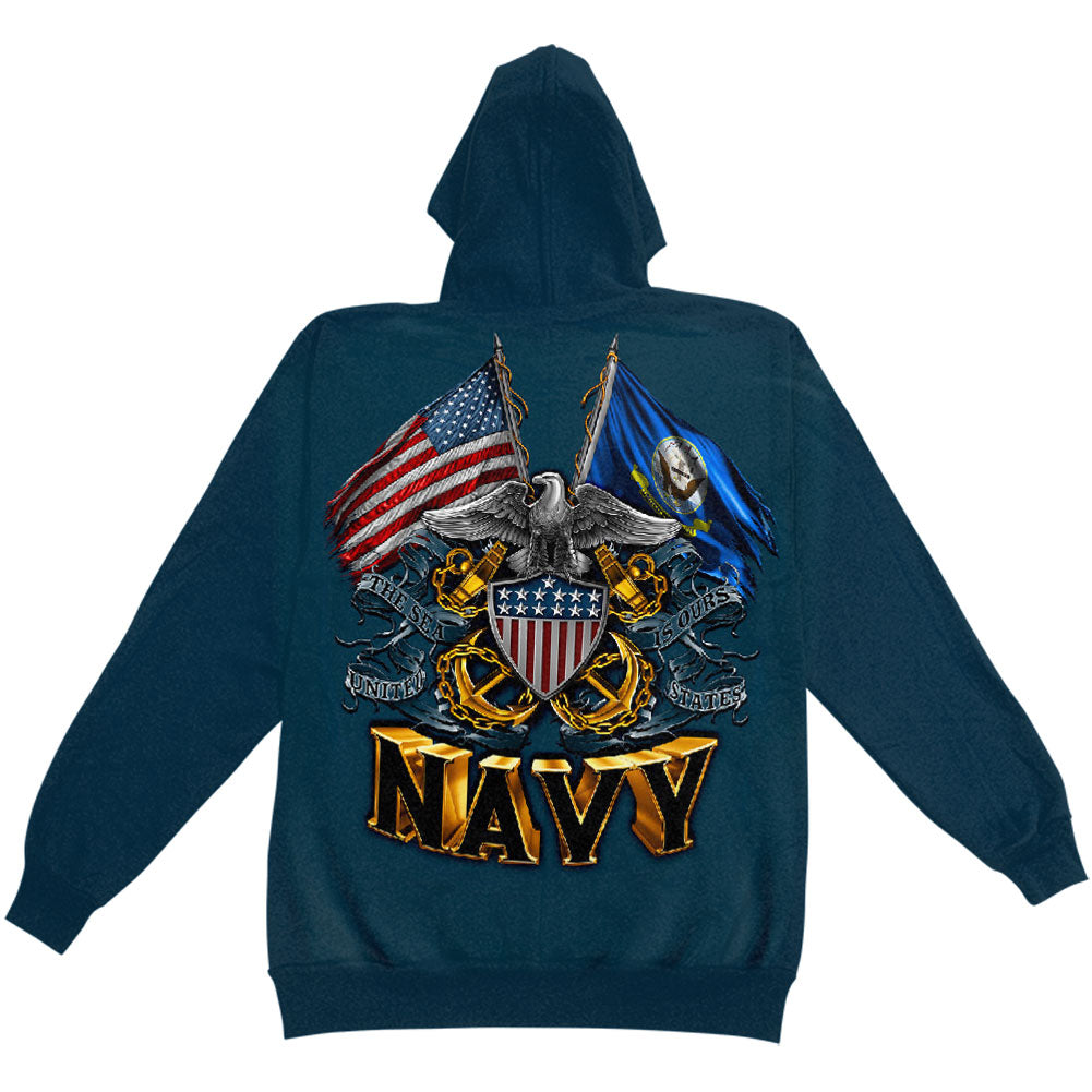 Novelty Double Flag Eagle Navy Shield Hooded Sweatshirt
