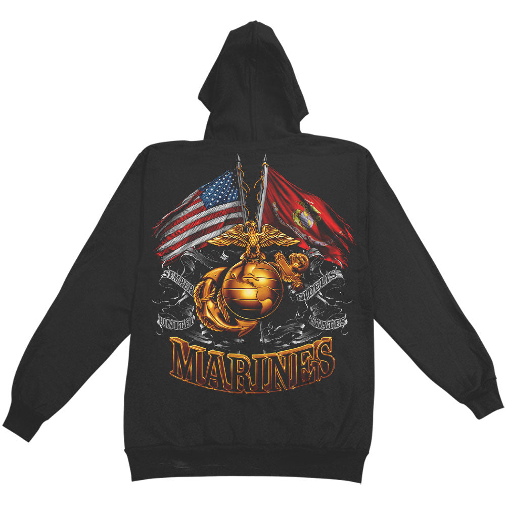 Novelty Double Flag Gold Globe Marine Corps Hooded Sweatshirt