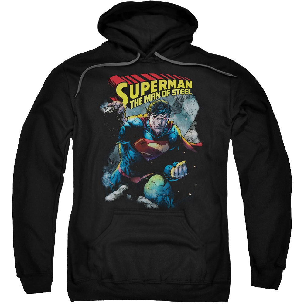 Superman Through The Rubble Adult 25% Poly Hooded Sweatshirt