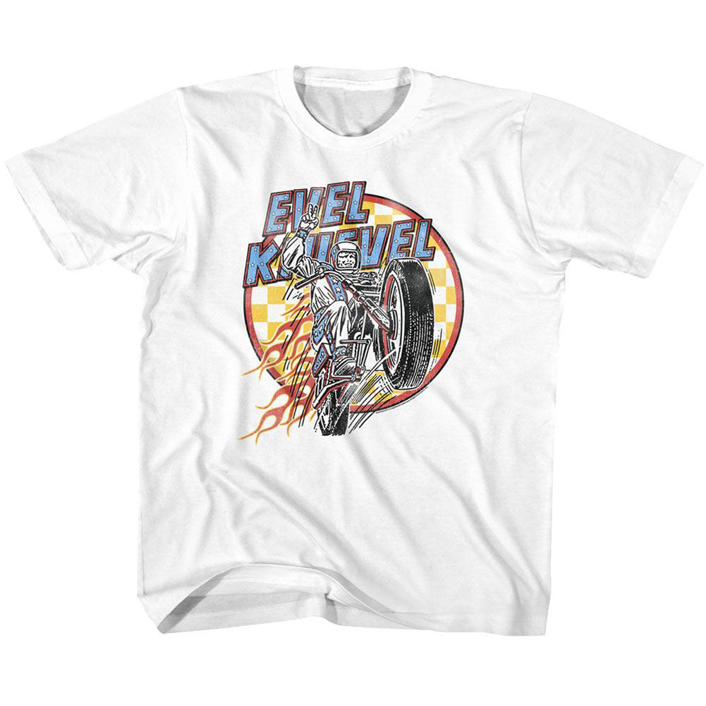 Evel Knievel Checks And Flames Kids Childrens T-shirt
