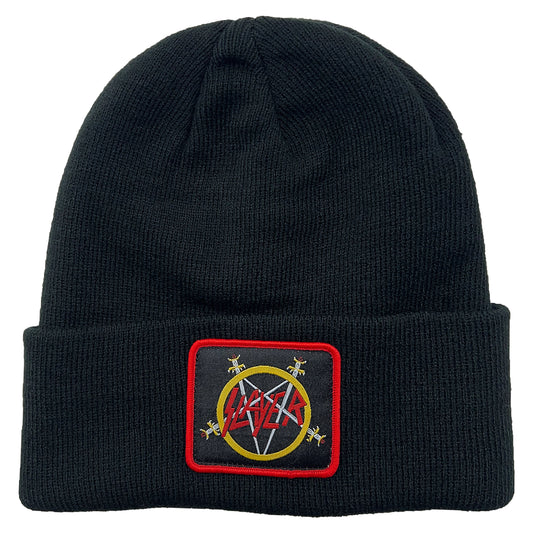 Black Cuff Knit w/ Woven Label & Satin Stitch Down Beanie