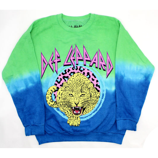 Def Leppard Leopard Tie Dye Crew Neck Fleece (Gradient Green & Blue) Sweatshirt