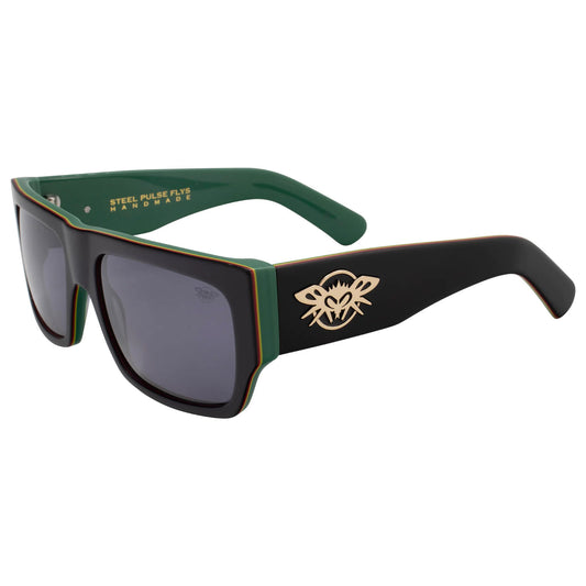 Steel Pulse Black Flys Collab Sunglasses Matte Black-Rasta w/ Smoke Lens Sunglasses