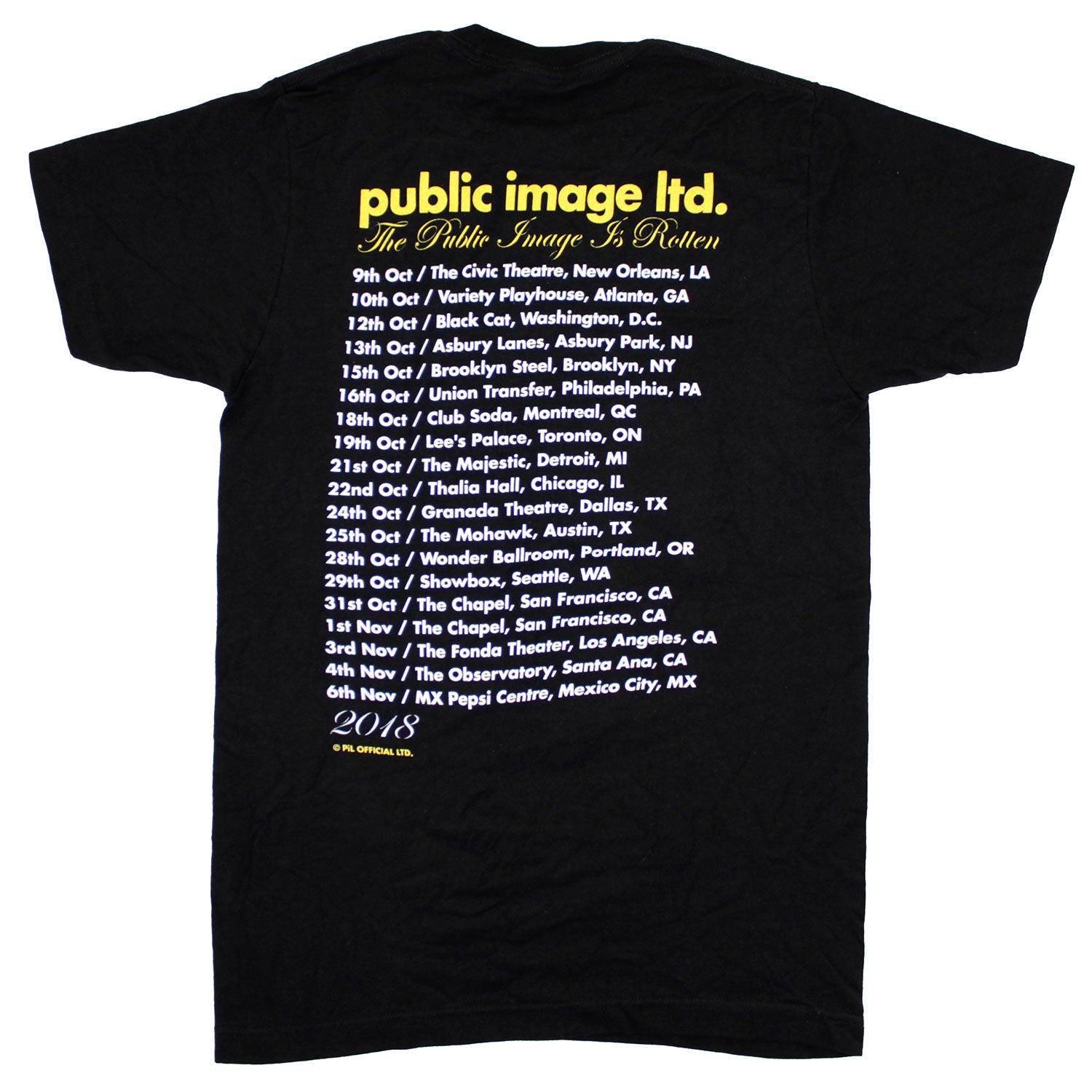 Pil Public Image LTD Yellow Logo 2018 Tour Tee T-shirt | Pil Merch