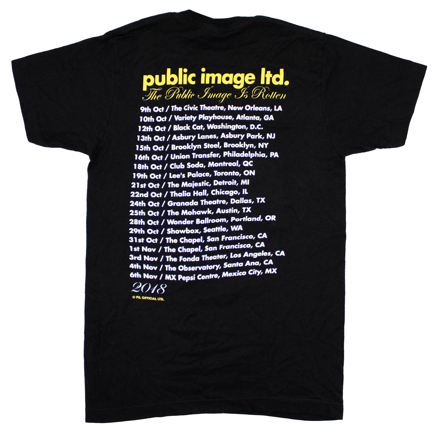 Public Image LTD Yellow Logo 2018 Tour Tee T-shirt